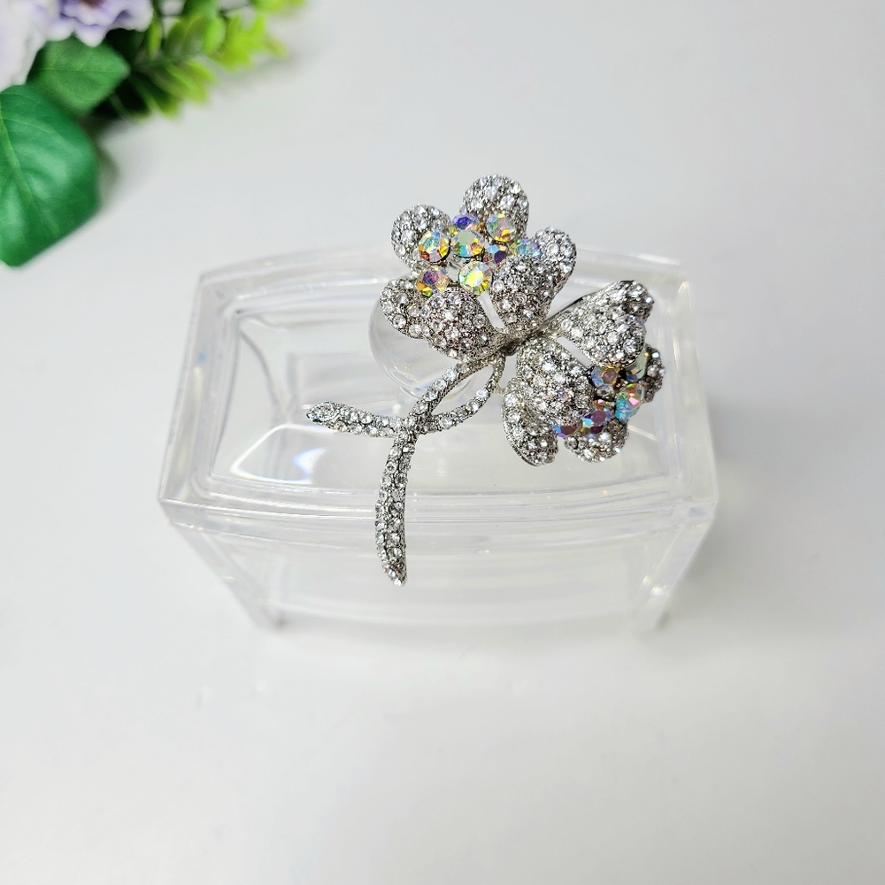 Worth & Douglas WD Signed Rhinestone AB Crystal Vintage Floral Pendant Brooch - Picture 5 of 8